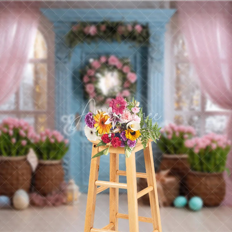 Aperturee - Aperturee Blue Door Pink Tulips Easter Photography Backdrop Rose Wreath and Tulle Curtains Studio Background