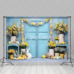 Aperturee - Aperturee Blue Door Yellow Floral Bunny Eggs Easter Backdrop