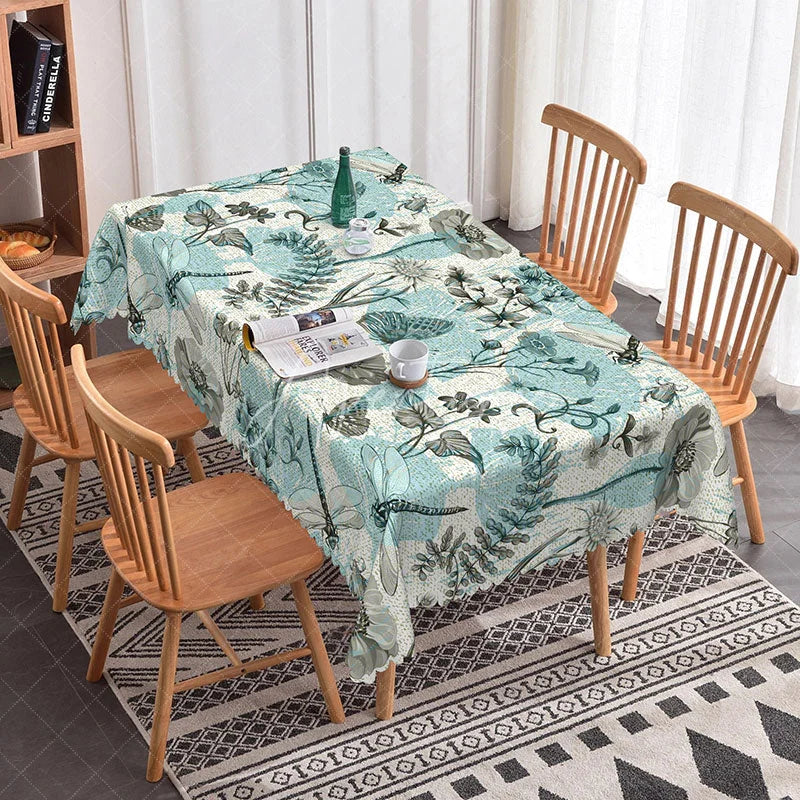 Aperturee - Aperturee Blue Dragonfly Rectangle Tablecloth Botanical Garden Floral and Insects Spring Summer Outdoor Dining Decor