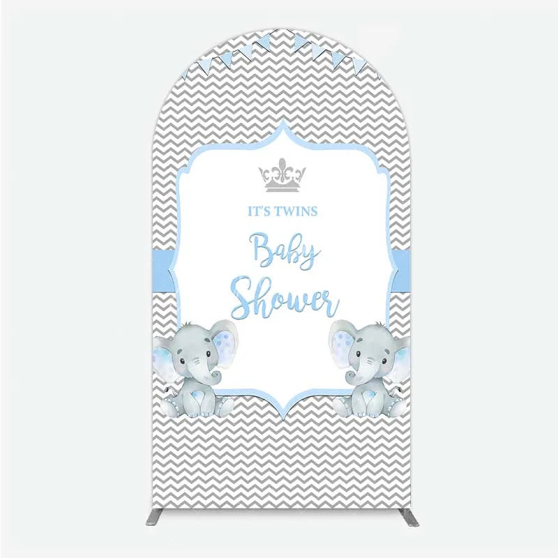 Aperturee - Aperturee Blue Elephant Twins Arch Backdrop Baby Shower Chevron Boy Photography Background