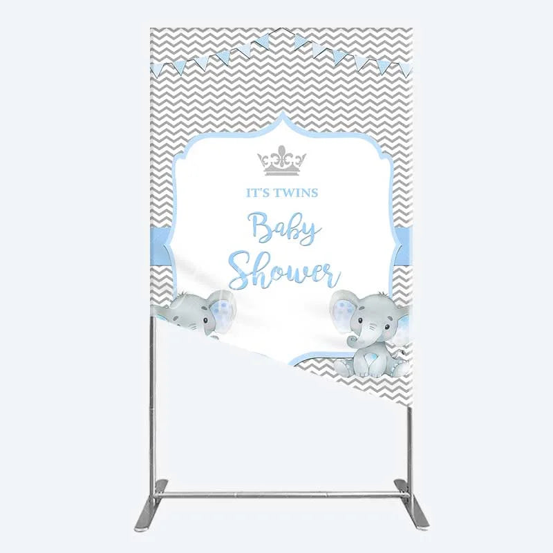 Aperturee - Aperturee Blue Elephant Twins Rectangle Backdrop Baby Shower Chevron Boy Photography Background
