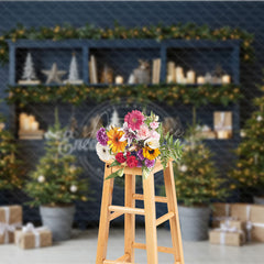 Aperturee - Aperturee Blue Farmhouse Hutch Christmas Photography Backdrop Neutral Holiday Decor with Trees Modern Rustic Background