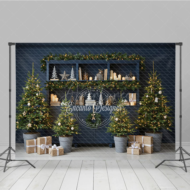 Aperturee - Aperturee Blue Farmhouse Hutch Christmas Photography Backdrop Neutral Holiday Decor with Trees Modern Rustic Background