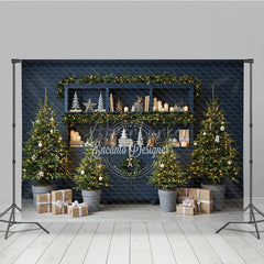Aperturee - Aperturee Blue Farmhouse Hutch Christmas Photography Backdrop Neutral Holiday Decor with Trees Modern Rustic Background