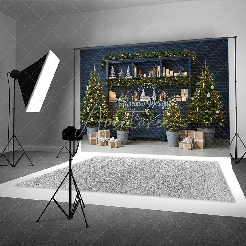 Aperturee - Aperturee Blue Farmhouse Hutch Christmas Photography Backdrop Neutral Holiday Decor with Trees Modern Rustic Background