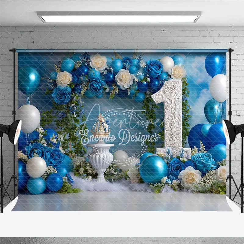 Aperturee - Aperturee Blue Floral and Balloon First Birthday Photography Backdrop Elegant Royal Party Decor