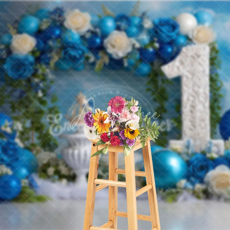 Aperturee - Aperturee Blue Floral and Balloon First Birthday Photography Backdrop Elegant Royal Party Decor
