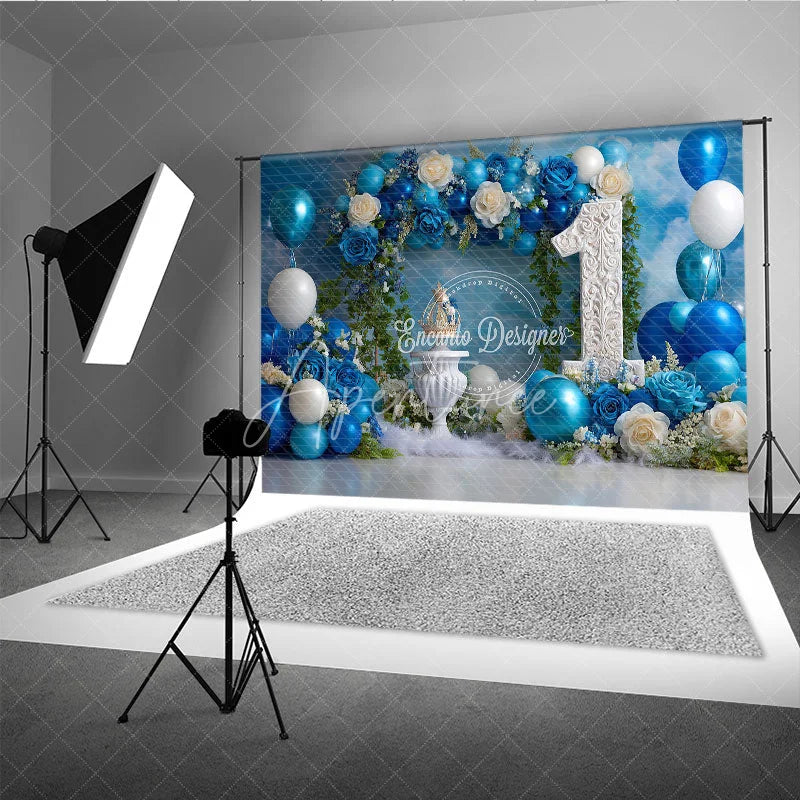 Aperturee - Aperturee Blue Floral and Balloon First Birthday Photography Backdrop Elegant Royal Party Decor