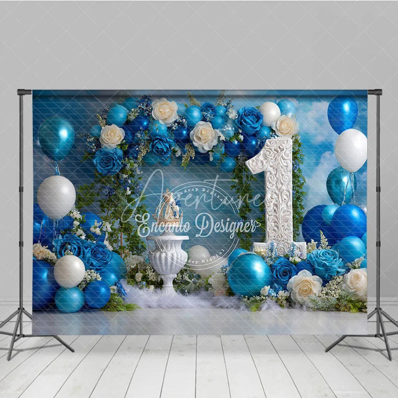 Aperturee - Aperturee Blue Floral and Balloon First Birthday Photography Backdrop Elegant Royal Party Decor