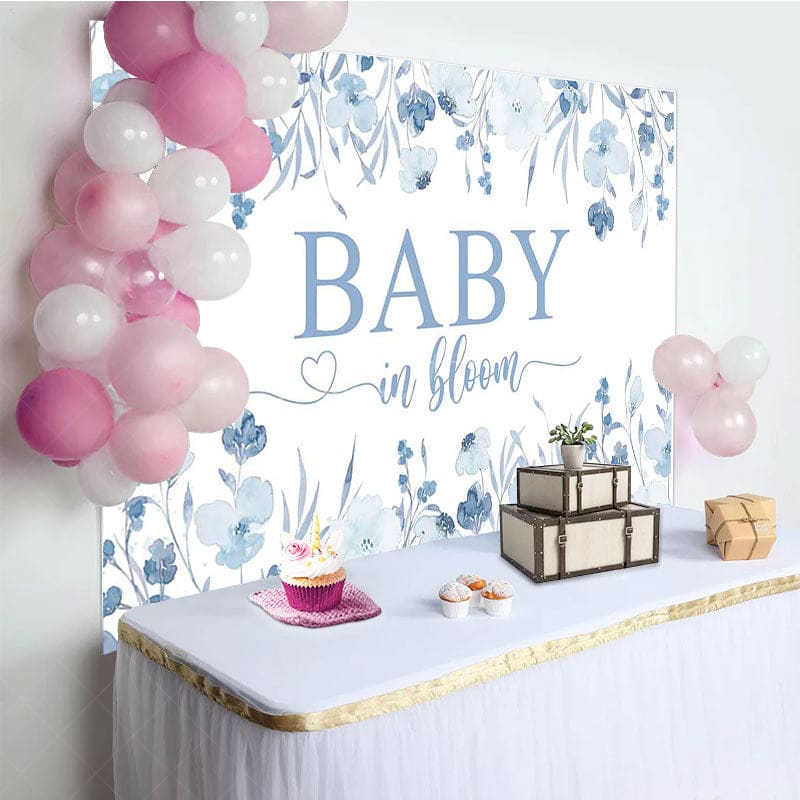 Aperturee - Aperturee Blue Floral Baby In Bloom Gender Reveal Backdrop