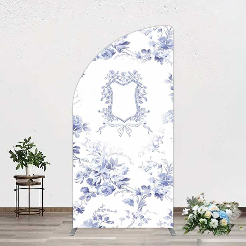 Aperturee Aperturee Blue Floral Bow Frame Bridal Shower Half Moon Arch Backdrop