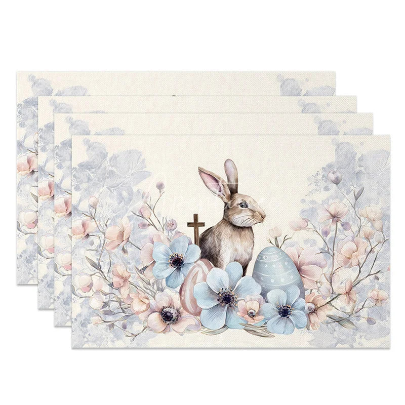 Aperturee - Aperturee Blue Floral Cross Easter Bunny Set of 4 Placemats Religious Rabbit Egg Table Mats for Holy Day
