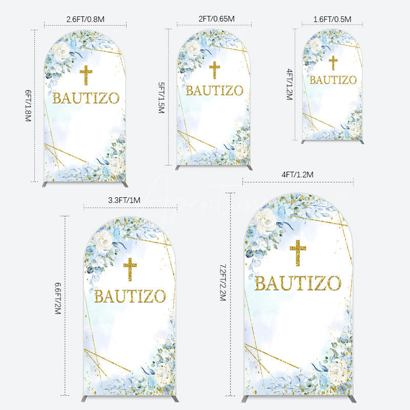 Aperturee - Aperturee Blue Floral Gold Cross Bautizo Baptism Arch Backdrop