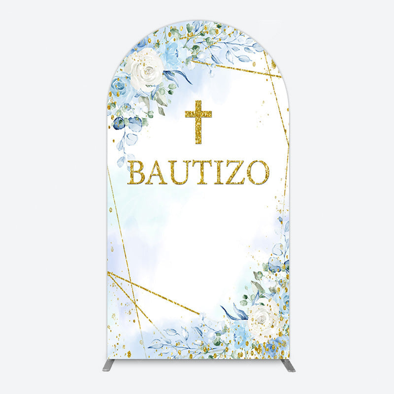 Aperturee - Aperturee Blue Floral Gold Cross Bautizo Baptism Arch Backdrop