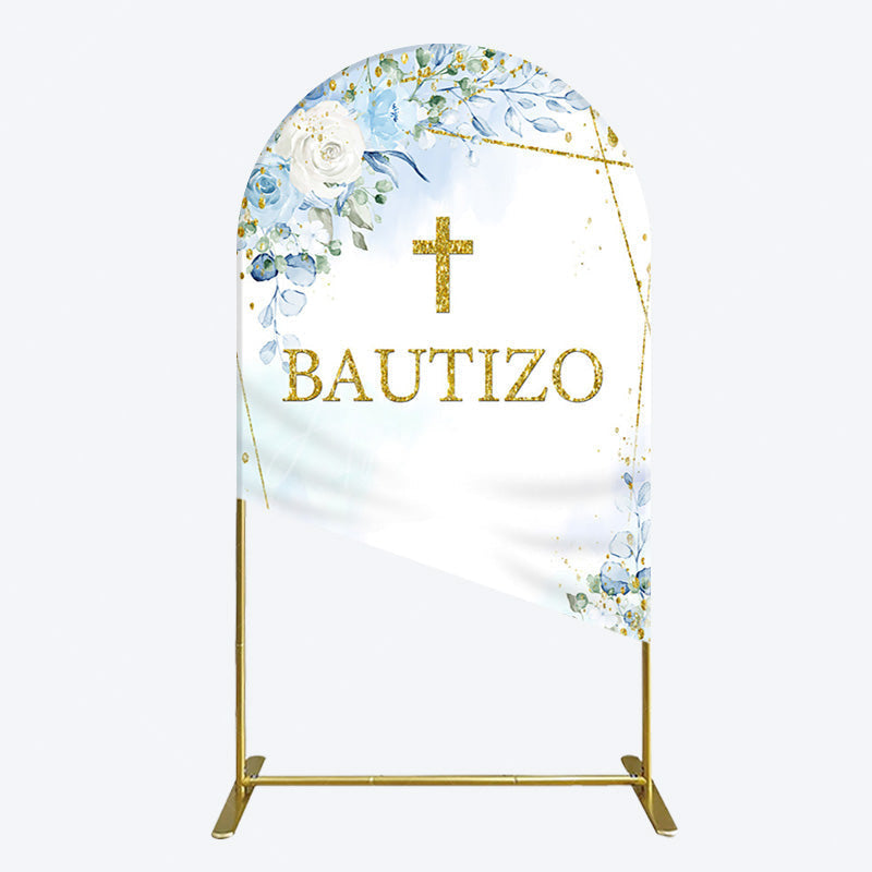 Aperturee - Aperturee Blue Floral Gold Cross Bautizo Baptism Arch Backdrop