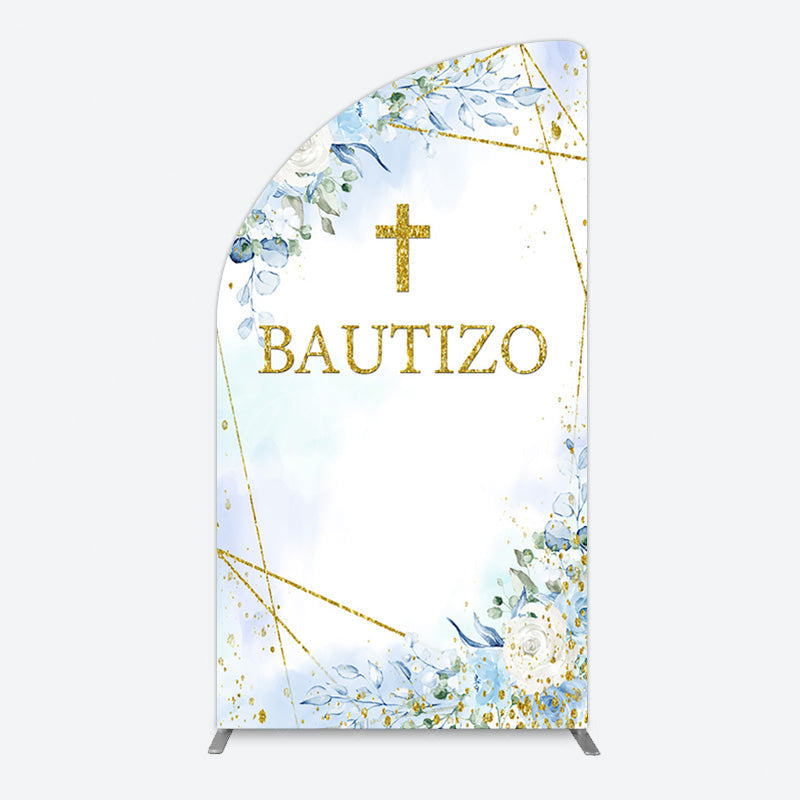Aperturee - Aperturee Blue Floral Gold Cross Bautizo Baptism Half Moon Arch Backdrop