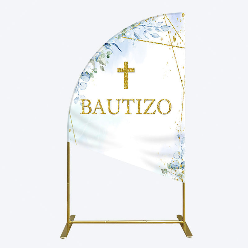Aperturee - Aperturee Blue Floral Gold Cross Bautizo Baptism Half Moon Arch Backdrop