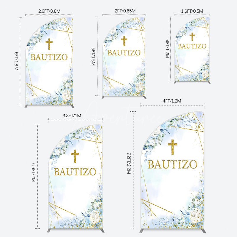 Aperturee - Aperturee Blue Floral Gold Cross Bautizo Baptism Half Moon Arch Backdrop