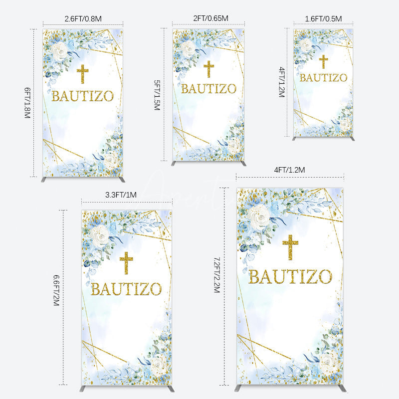 Aperturee - Aperturee Blue Floral Gold Cross Bautizo Baptism Rectangle Backdrop