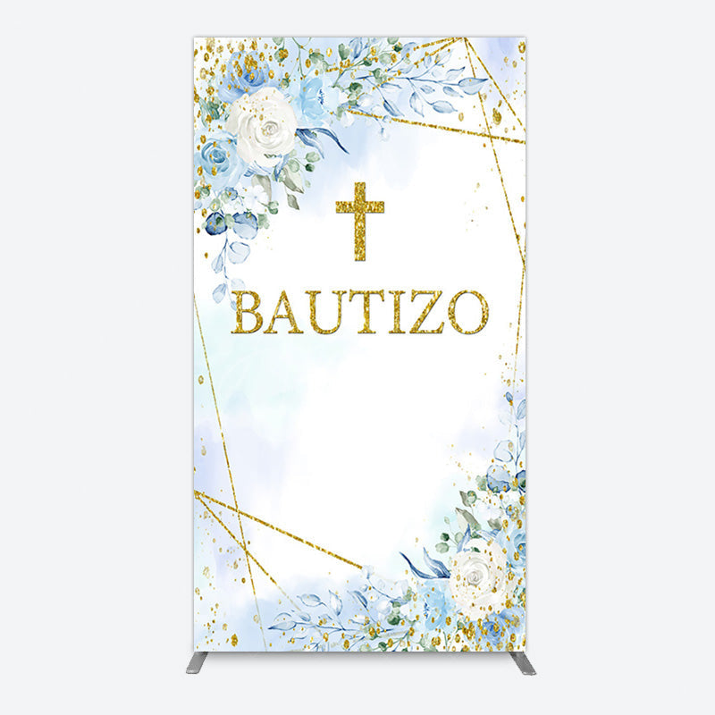 Aperturee - Aperturee Blue Floral Gold Cross Bautizo Baptism Rectangle Backdrop