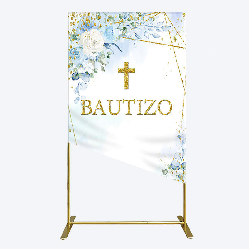 Aperturee - Aperturee Blue Floral Gold Cross Bautizo Baptism Rectangle Backdrop