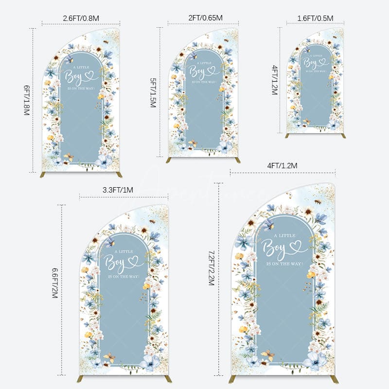 Aperturee - Aperturee Blue Floral Little Boy Baby Shower Half Moon Arch Backdrop