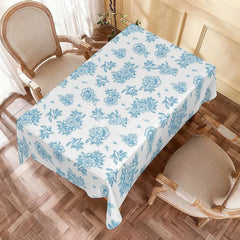 Aperturee - Aperturee Blue Floral Pattern Rectangle Tablecloth Elegant Line Art Flowers Wedding Bridal Shower Party Decor