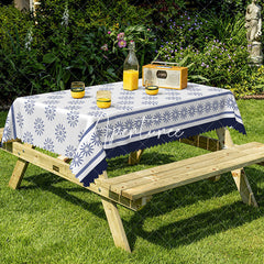 Aperturee - Aperturee Blue Floral Pattern White Rectangle Tablecloth