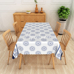 Aperturee - Aperturee Blue Floral Pattern White Rectangle Tablecloth