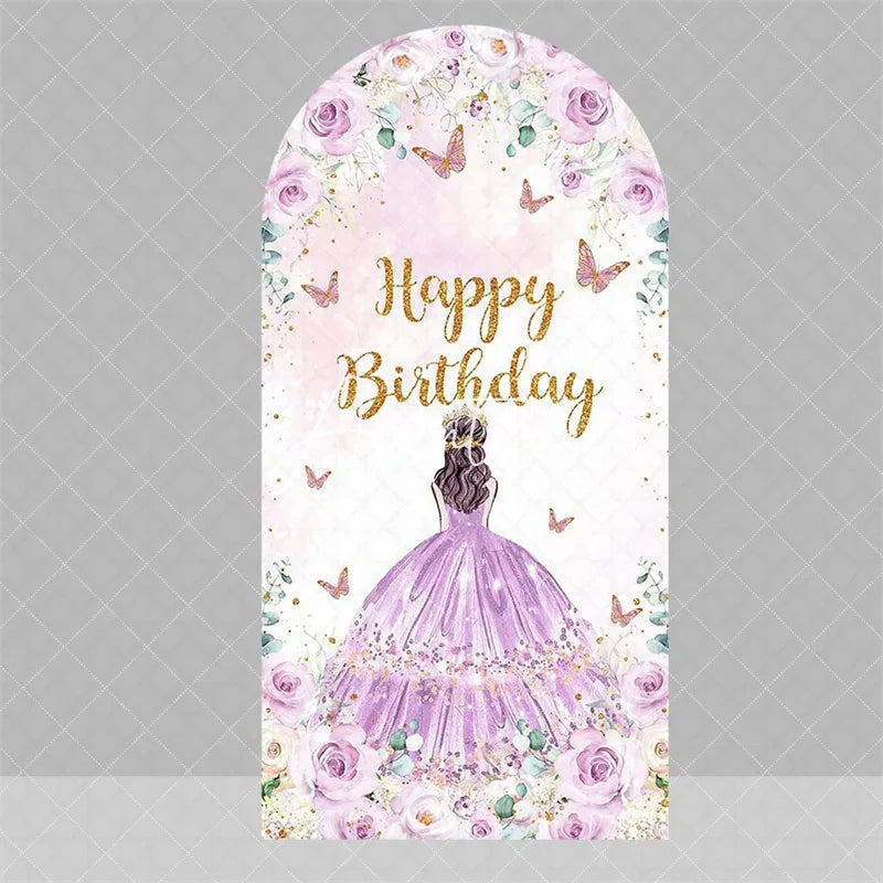 Aperturee - Aperturee Blue Floral Princess Happy Birthday Arch Backdrop Butterfly Girl Party Decoration Banner for Sweet 16 Celebration