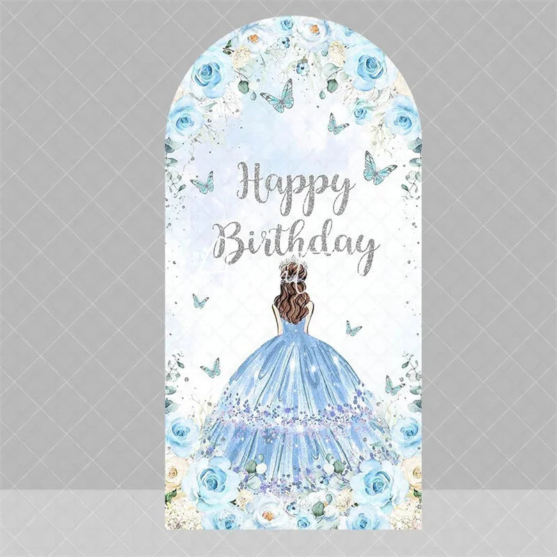 Aperturee - Aperturee Blue Floral Princess Happy Birthday Arch Backdrop Butterfly Girl Party Decoration Banner for Sweet 16 Celebration