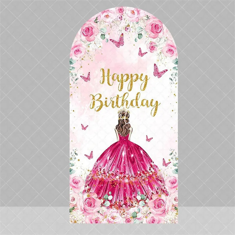 Aperturee - Aperturee Blue Floral Princess Happy Birthday Arch Backdrop Butterfly Girl Party Decoration Banner for Sweet 16 Celebration