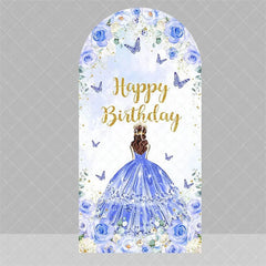 Aperturee - Aperturee Blue Floral Princess Happy Birthday Arch Backdrop Butterfly Girl Party Decoration Banner for Sweet 16 Celebration
