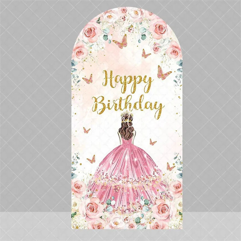 Aperturee - Aperturee Blue Floral Princess Happy Birthday Arch Backdrop Butterfly Girl Party Decoration Banner for Sweet 16 Celebration