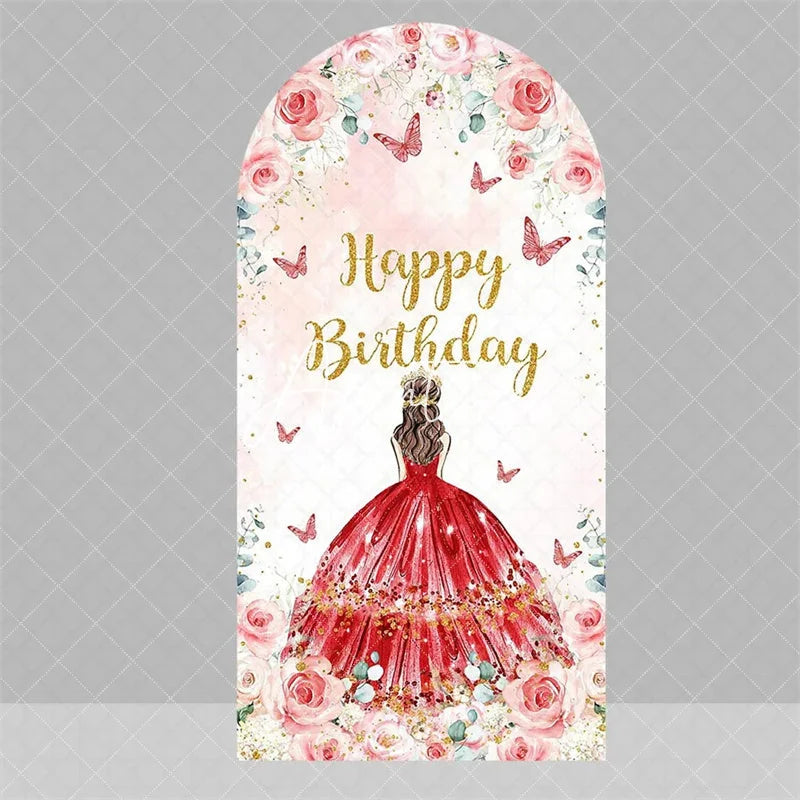 Aperturee - Aperturee Blue Floral Princess Happy Birthday Arch Backdrop Butterfly Girl Party Decoration Banner for Sweet 16 Celebration