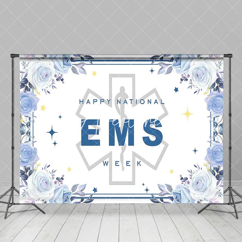 Aperturee - Aperturee Blue Floral Sparkle Happy National EMS Week Backdrop