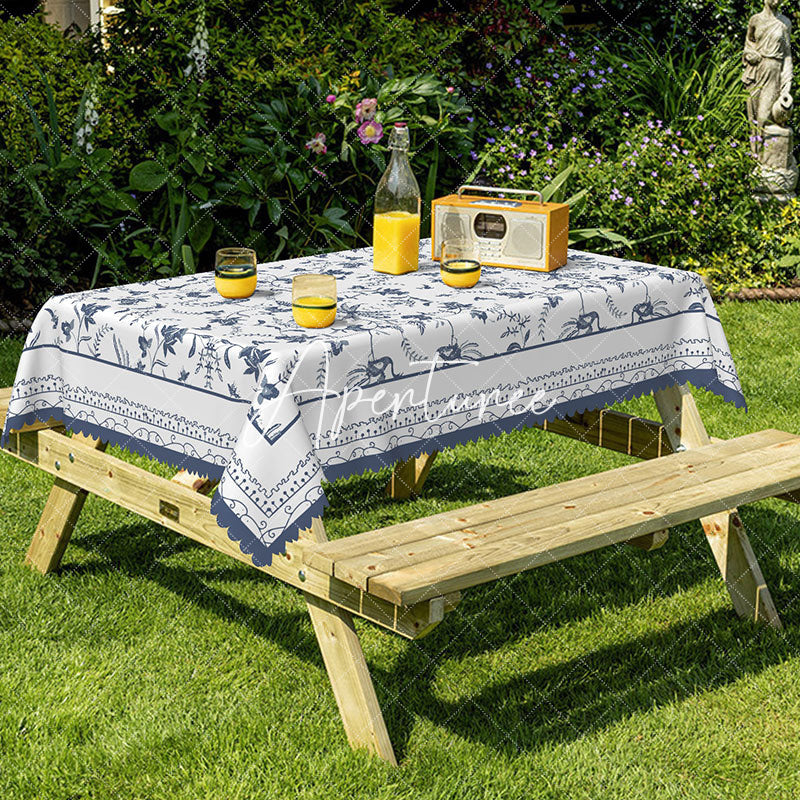 Aperturee - Aperturee Blue Flower Bird Pattern Rectangle Tablecloth