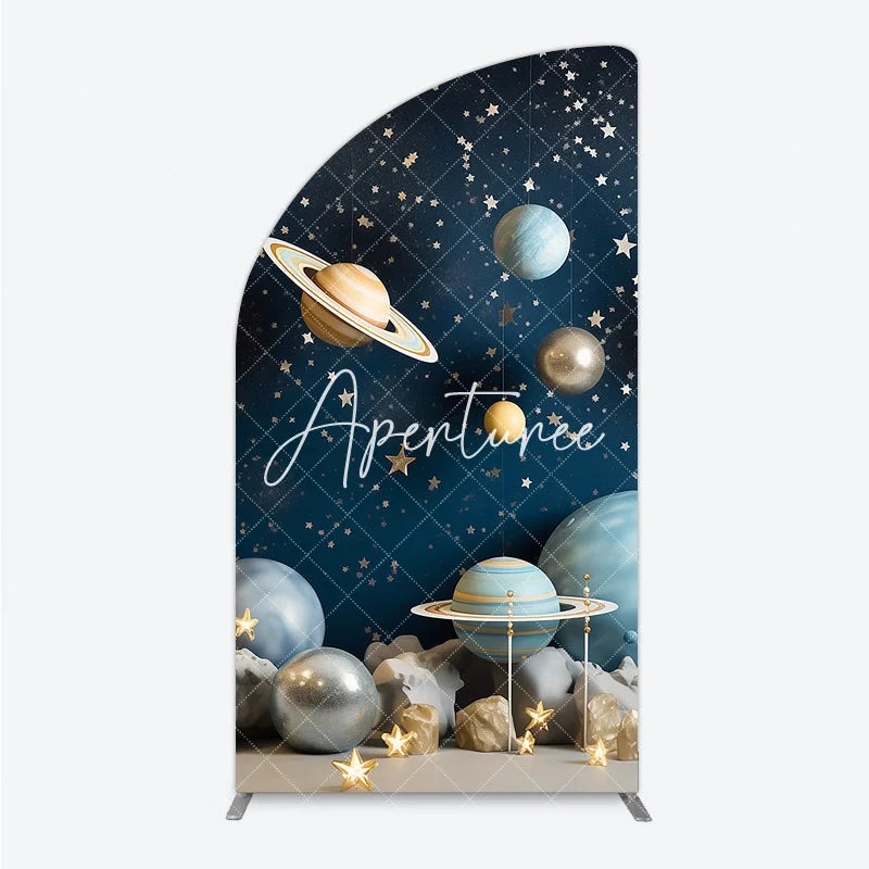 Aperturee - Aperturee Blue Galaxy Space Half Moon Arch Backdrop with Planets and Stars Dreamy Celestial Theme Party Decor