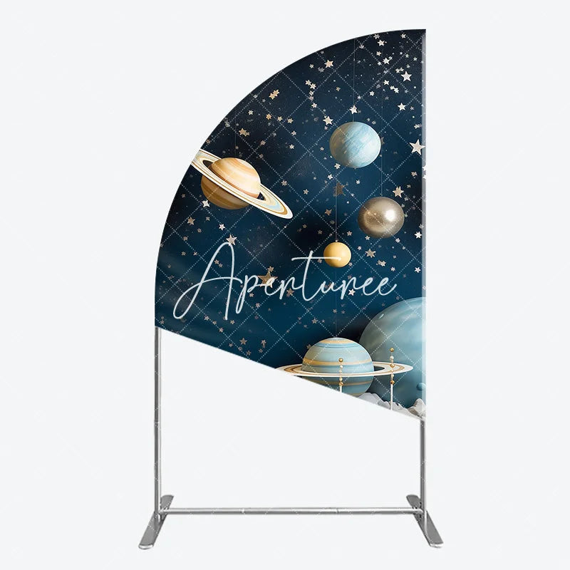 Aperturee - Aperturee Blue Galaxy Space Half Moon Arch Backdrop with Planets and Stars Dreamy Celestial Theme Party Decor
