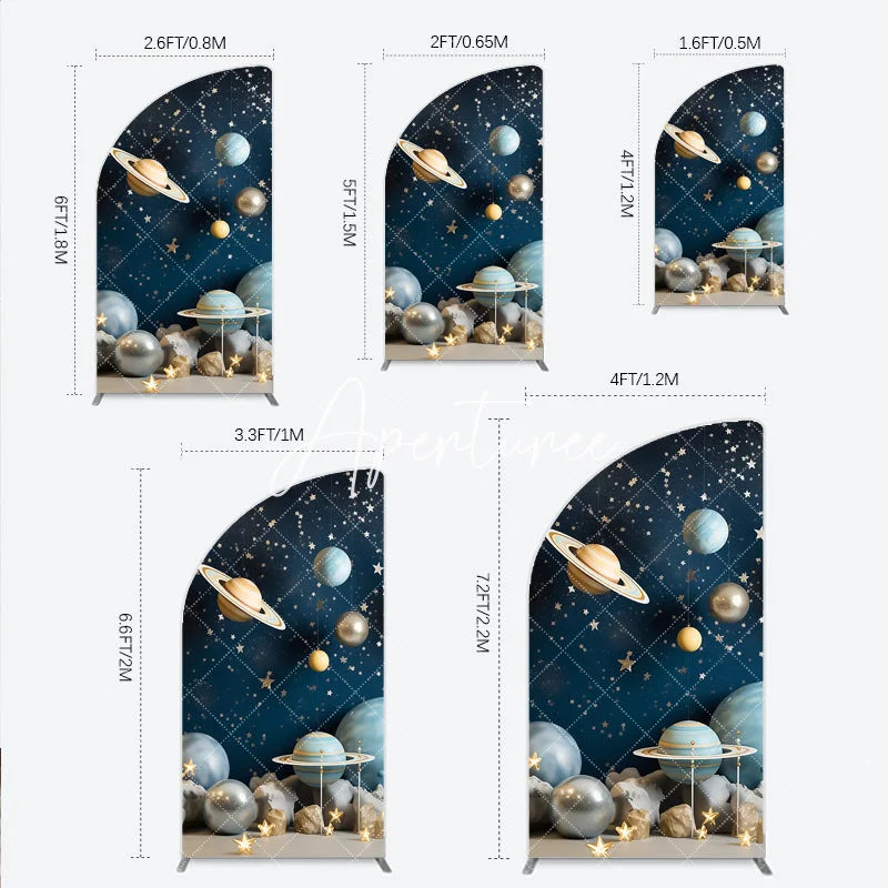 Aperturee - Aperturee Blue Galaxy Space Half Moon Arch Backdrop with Planets and Stars Dreamy Celestial Theme Party Decor