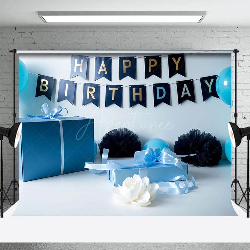 Aperturee - Aperturee Blue Gifts Balloons Birthday Cake Smash Backdrop