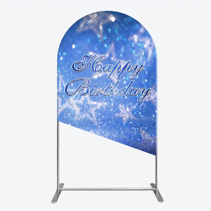 Aperturee - Aperturee Blue Glitter Bokeh Stars Happy Birthday Round Top Arch Backdrop Festive Party Decoration