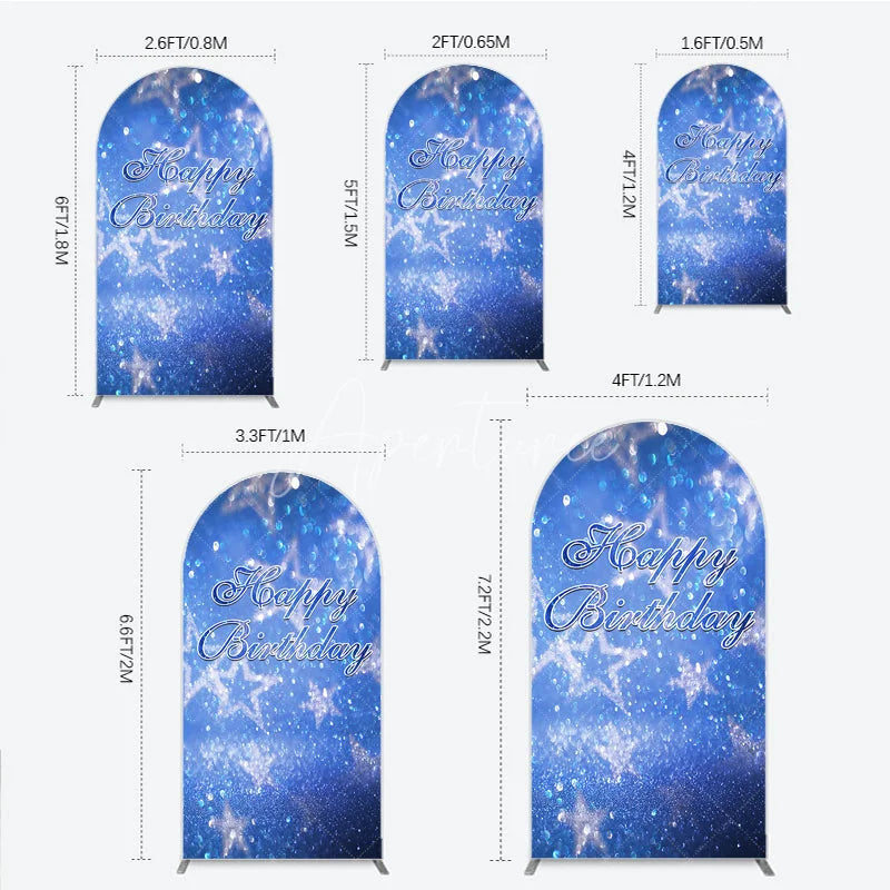 Aperturee - Aperturee Blue Glitter Bokeh Stars Happy Birthday Round Top Arch Backdrop Festive Party Decoration
