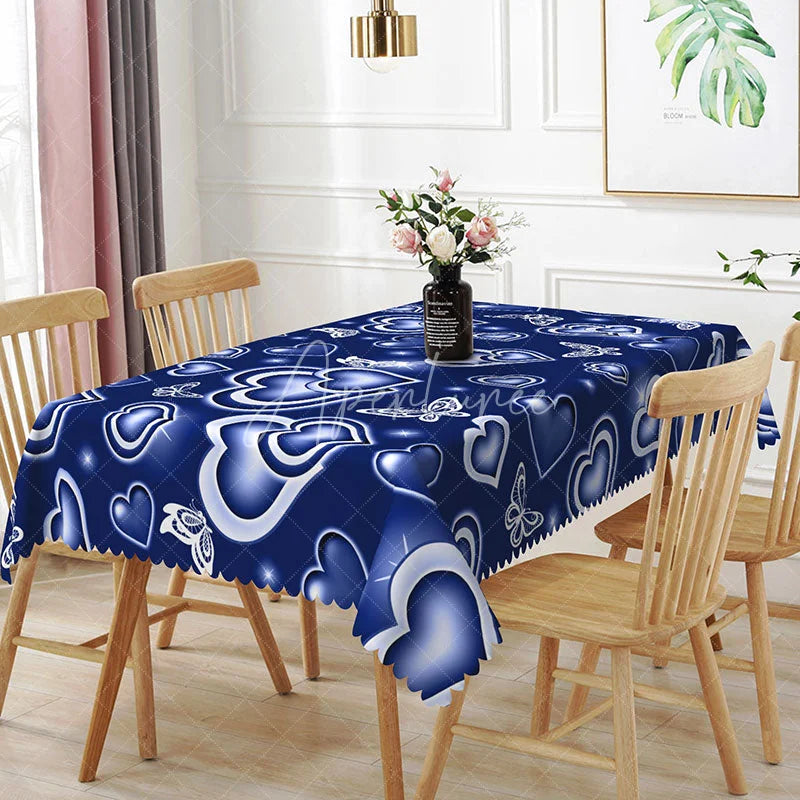 Aperturee - Aperturee Blue Glowing Heart Butterfly Rectangle Tablecloth Neon Light Love Pattern Modern Cool Tone Dining Decor