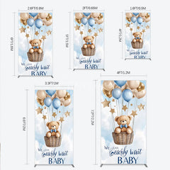 Aperturee - Aperturee Blue Gold Balloons and Stars Teddy Bear Hot Air Balloon Rectangle Arch Backdrop We Can Bearly Wait Baby Shower Decor