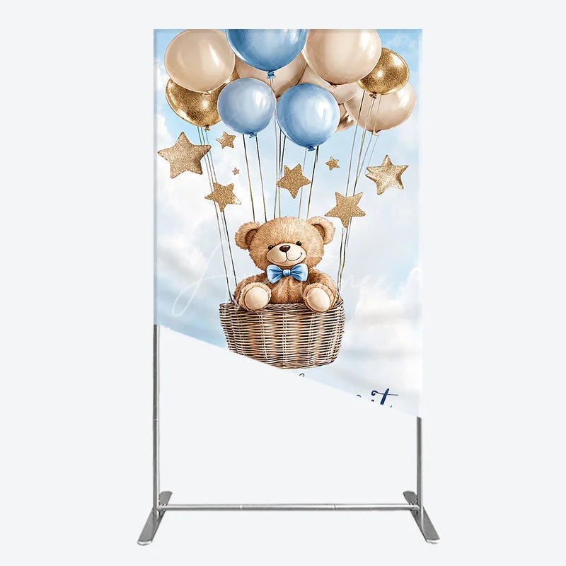 Aperturee - Aperturee Blue Gold Balloons and Stars Teddy Bear Hot Air Balloon Rectangle Arch Backdrop We Can Bearly Wait Baby Shower Decor