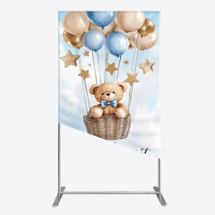 Aperturee - Aperturee Blue Gold Balloons and Stars Teddy Bear Hot Air Balloon Rectangle Arch Backdrop We Can Bearly Wait Baby Shower Decor