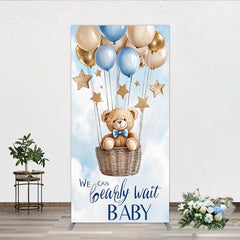 Aperturee - Aperturee Blue Gold Balloons and Stars Teddy Bear Hot Air Balloon Rectangle Arch Backdrop We Can Bearly Wait Baby Shower Decor