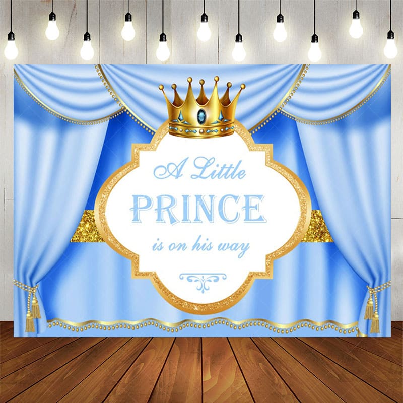 Aperturee - Aperturee Blue Gold Curtain Crown Prince Baby Shower Backdrop