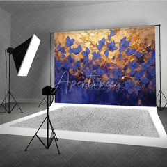Aperturee - Aperturee Blue Gold Floral Fine Art Backdrop Oil Painting Style Flower Gold Texture Background Elegant Photography Prop
